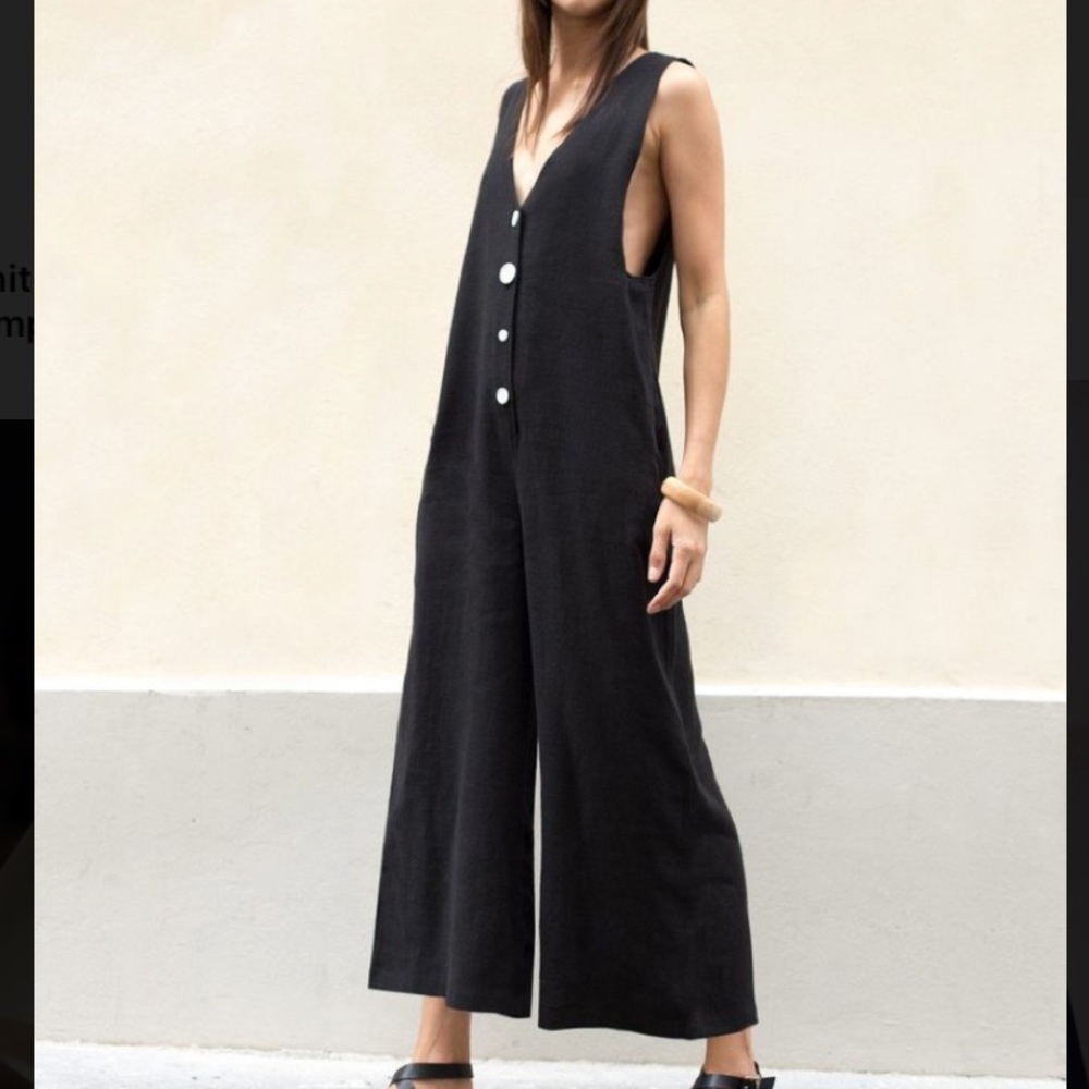 The Frankie Shop White Button Black Linen Jumpsuit, Size S/M